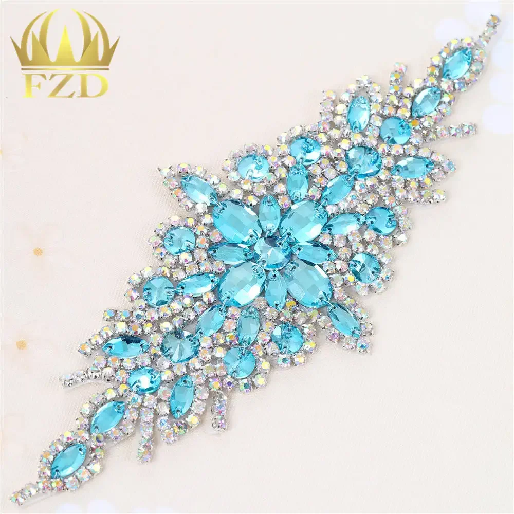 (10 Pieces) Wholesale Hotfix AB Crystals Acid Blue Color Rhinestone Sequin Applique for Garment Dresses Headband Bridal Garters