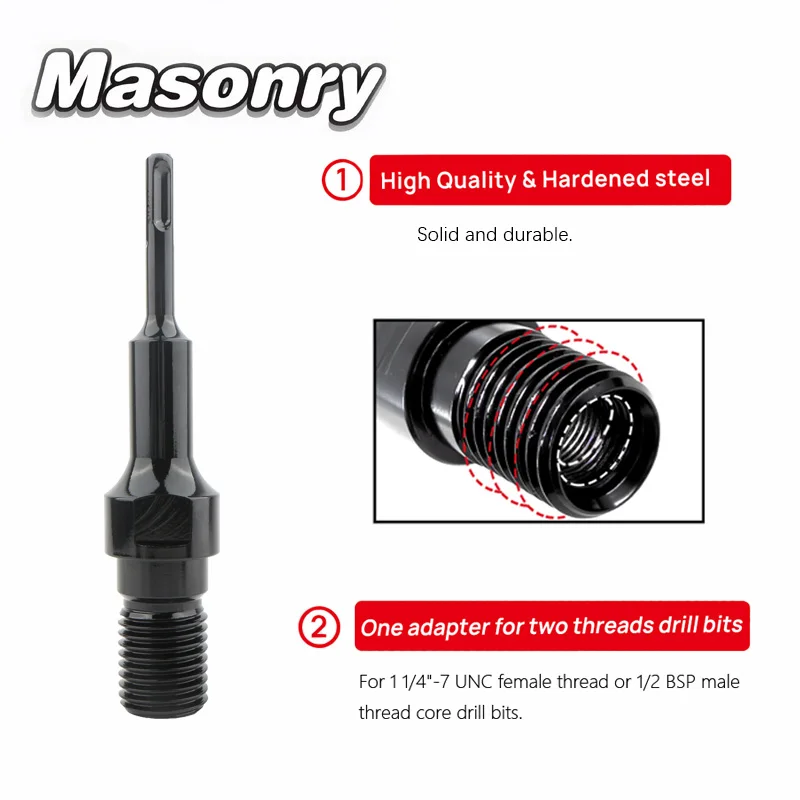 

Diamond Core Bit Adapter 1 1/4"-7 UNC Thread Inner 1/2" BSP Thread To SDS PLUS Connection Converter For Electric Hammer Drill