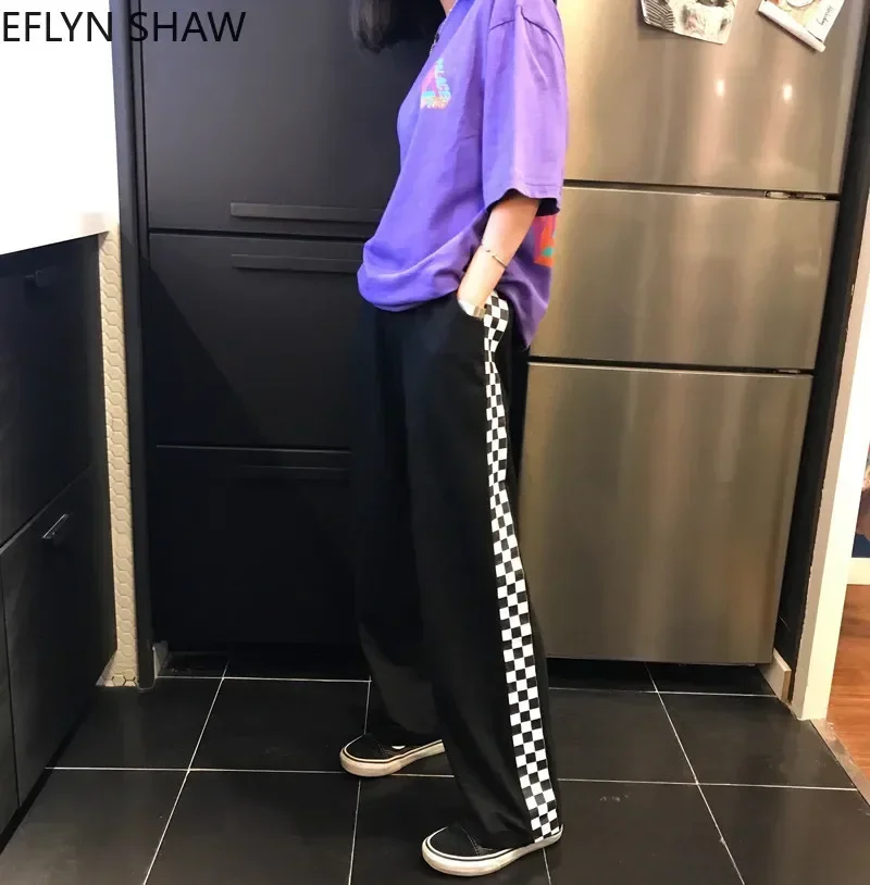 Women Street Fashion Pants Loose Black White Checkerboard Wide Leg Pants Hip Pop Style Cool Couple Trousers Plaid Casual Bottoms