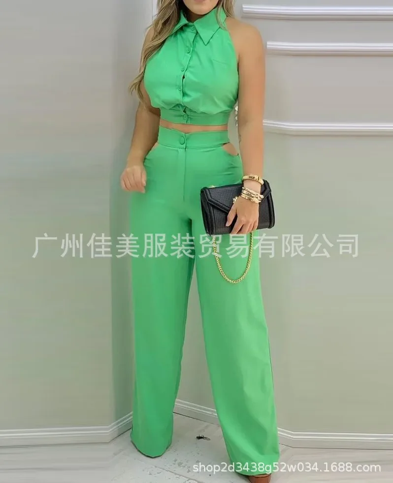 Sleeveless Backless Crop Tops 2 Piece Sets Women Outfits Fashion Temperament & Casual High Waist Pants Suit 2024 Summer New