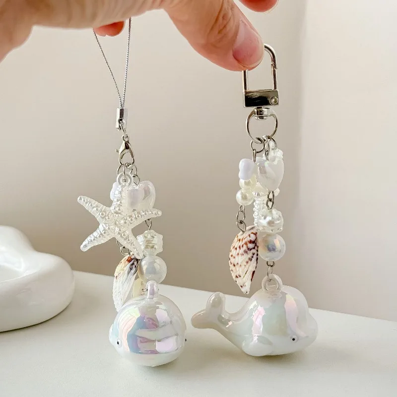 1 llavero de ballena náutica: colgante de estrella de mar y concha para accesorios y regalos de mujer, correa para teléfono, cadena Guka, colgante para cámara
