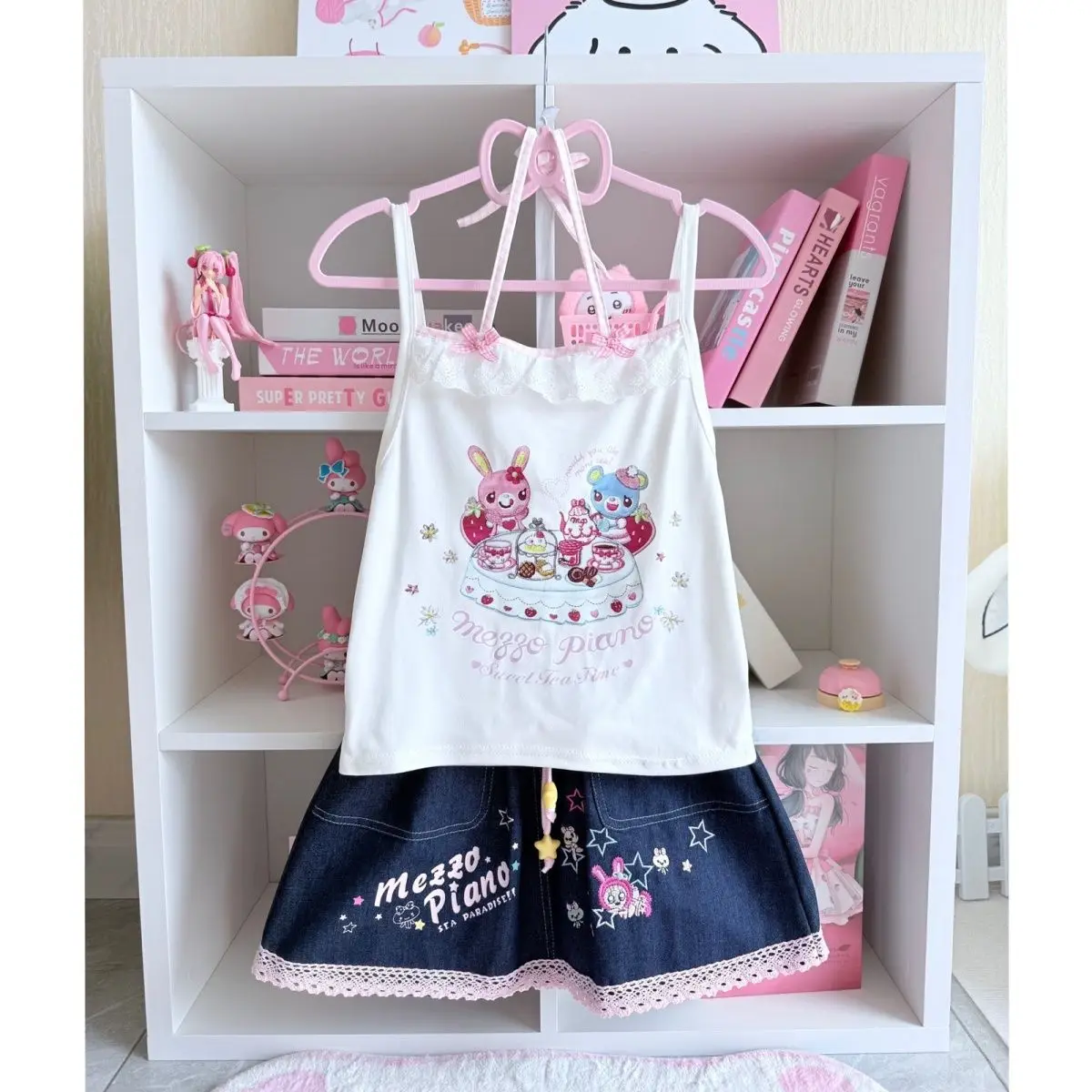 

Japanese Sweet Girl Cartoon Mp Two Piece Sets Womens Outifits Bow Halter Vest + Embroidery Denim Mini Skirt Cute Y2k Suits