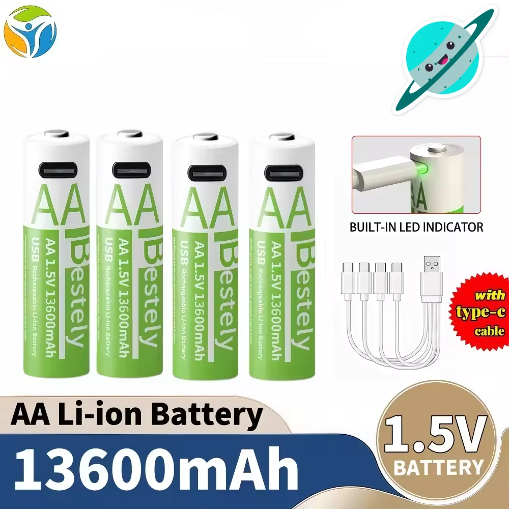 حار AA بطارية ليثيوم قابلة للشحن 1.5 فولت 13600 مللي أمبير سعة كبيرة الجهد المستمر USB شحن سريع تحكم الماوس محدد