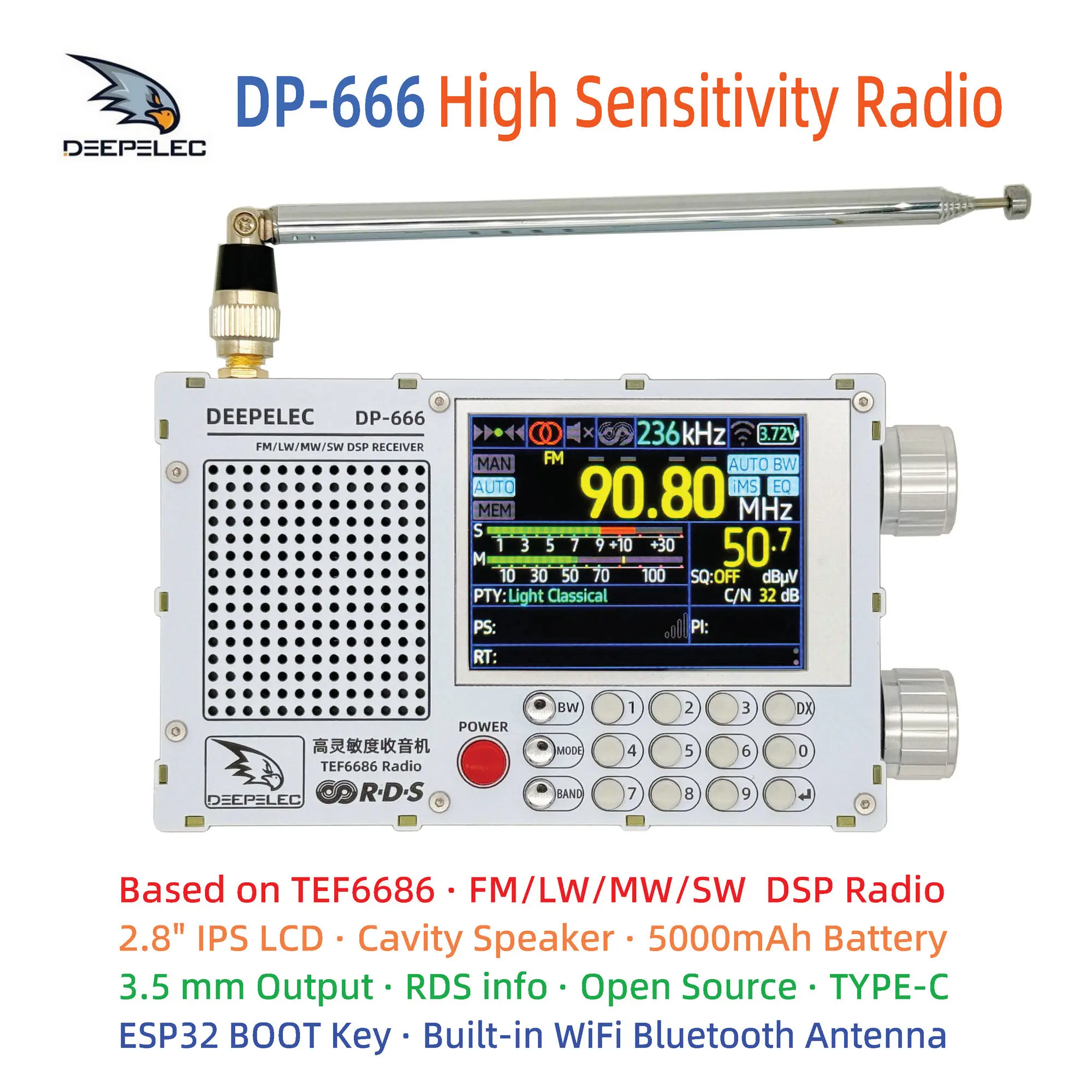 DP-666 DEEPELEC TEF6686 Radio High Sensitivity Full Band FM AM LW MW SW Shortwave ESP32 RDS 2.8 inch IPS LCD