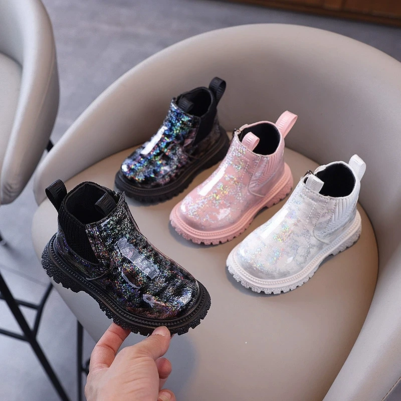 

Autumn Winter Kids Boots Fashion Sequins Girls Single Boots Non-slip Children Boys Short Boots