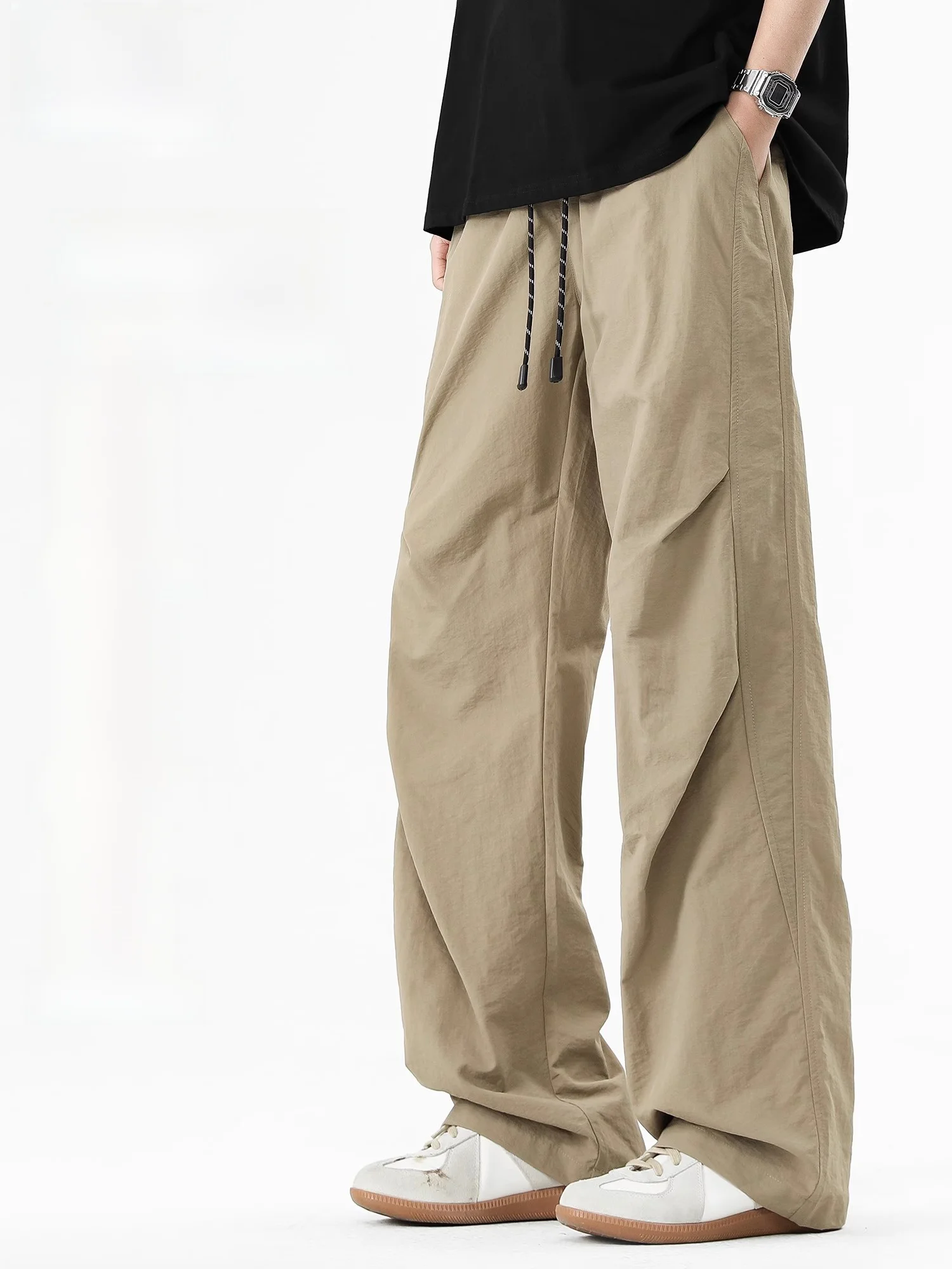 

Ice Silk Loose Fit Summer Thin Straight Leg Paratrooper Pants Men's Casual Wide Leg Long Trousers Workwear Breathable