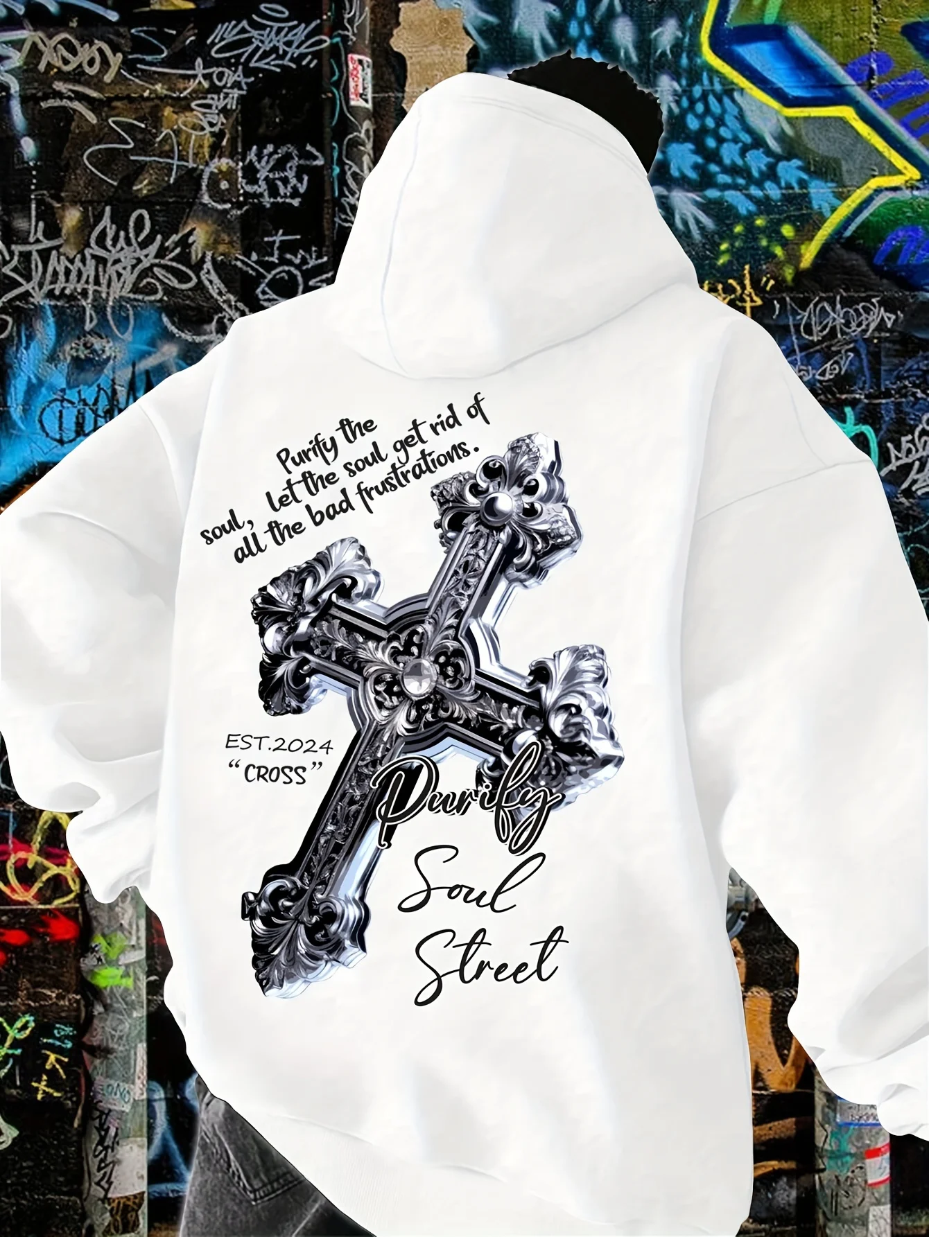 

Men'S Casual Hoodie with Metallic Cross Graphic Print Fabric with Slight Stretch