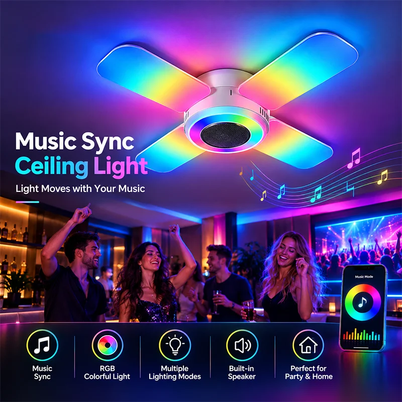 Modern E27 LED Ceiling Light 4 Panel Foldable Design Music Sync Colorful Party Lamp for Bar KTV Home Party Entertainment