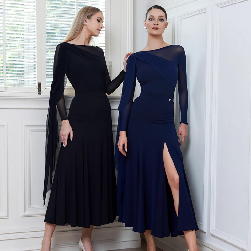 2026 New Adults Rumba Modern Dance Clothes For Women Ruffled Sleeves Latin Top Long Skirt Female Ballroom Dance Dresses SL14878