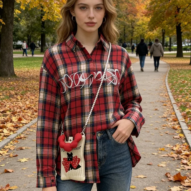 

E-BAIHUI Women's Red Plaid Shirt Loose Turndown Collar Letter Embroidery Button Blouses Leisure Long Sleeved Design Woman Tops