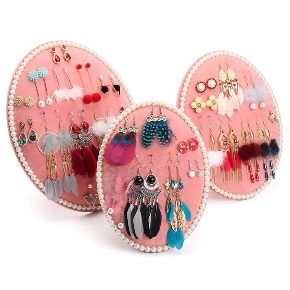 

Овальная подставка для украшений: органайзер для серег, демонстрационный коврик для хранения с жемчужной окантовкой, размер L, розовый, экономия места