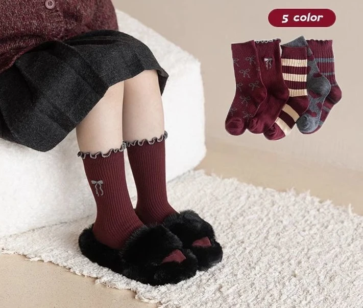 5PCS Autumn and Winter Ankela Red Cotton Korean Sweet Lace Girl Baby Pile Socks Children Trendy Socks Mid Tube Socks