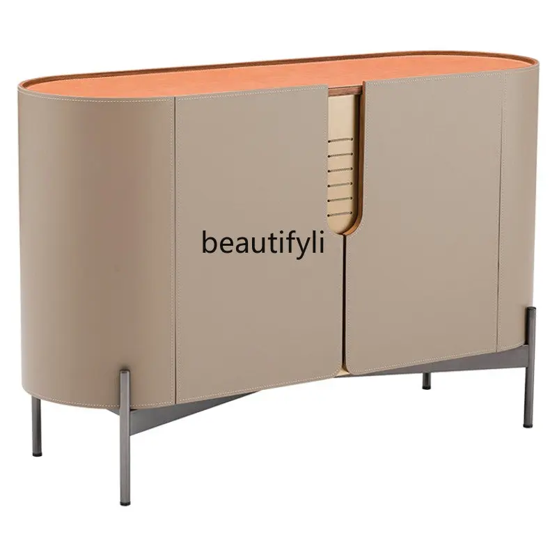 Italian Minimalist Sideboard Cabinet/Double Door Saddle Leather Rounded Corner Locker Nordic Modern Restaurant Furniture