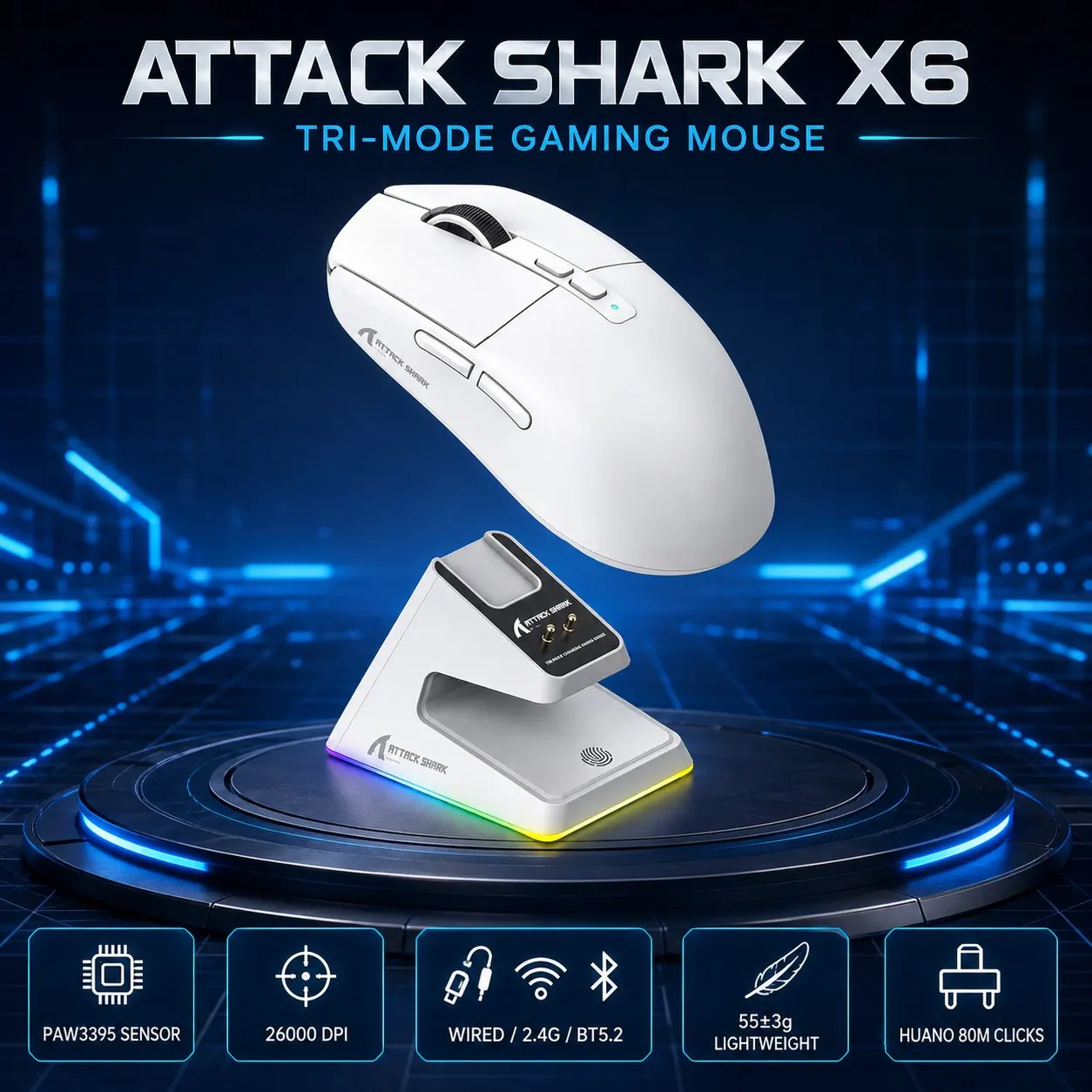 ATTACK SHARK X6 Tri-Mode Wireless Gaming Mouse, 55g Lightweight, PAW3395 Sensor, 26000 DPI,RGB Charging Dock,1000Hz Polling Rate