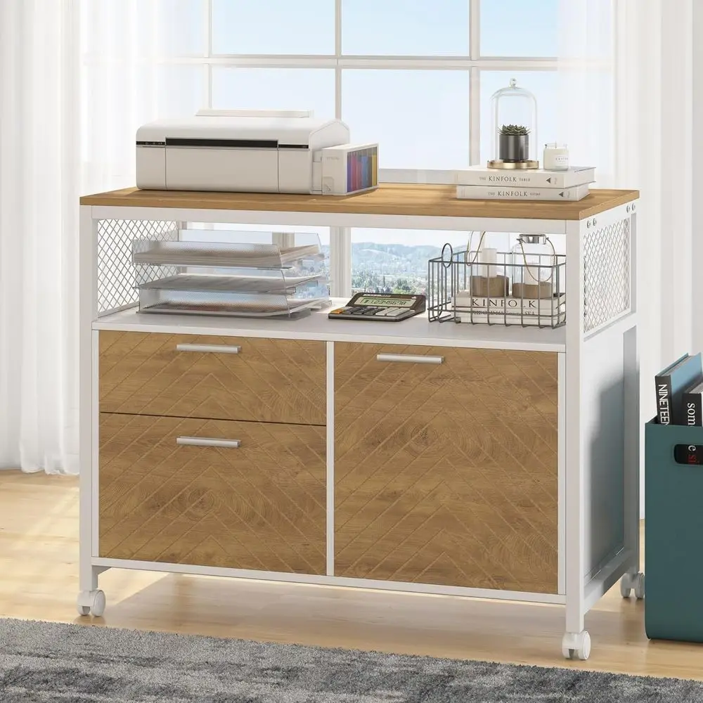 

Light Walnut Modern Lockable Lateral File Cabinet Drawers Door Shelves Rolling Casters Letter Size Printer Stand Home Office