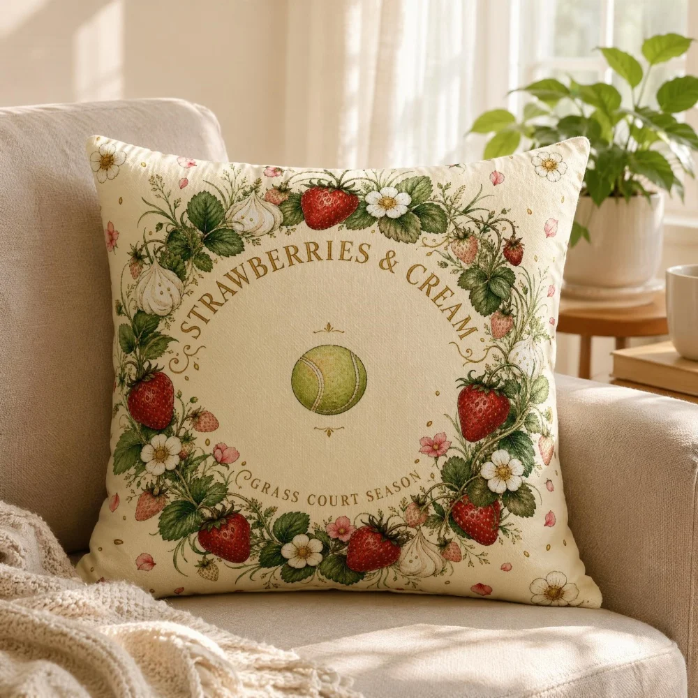 Vintage Strawberry Floral Wreath Tennis Print Full Throw Pillow With Insert Square Cottagecore Garden Sofa Accent Cushion Gift