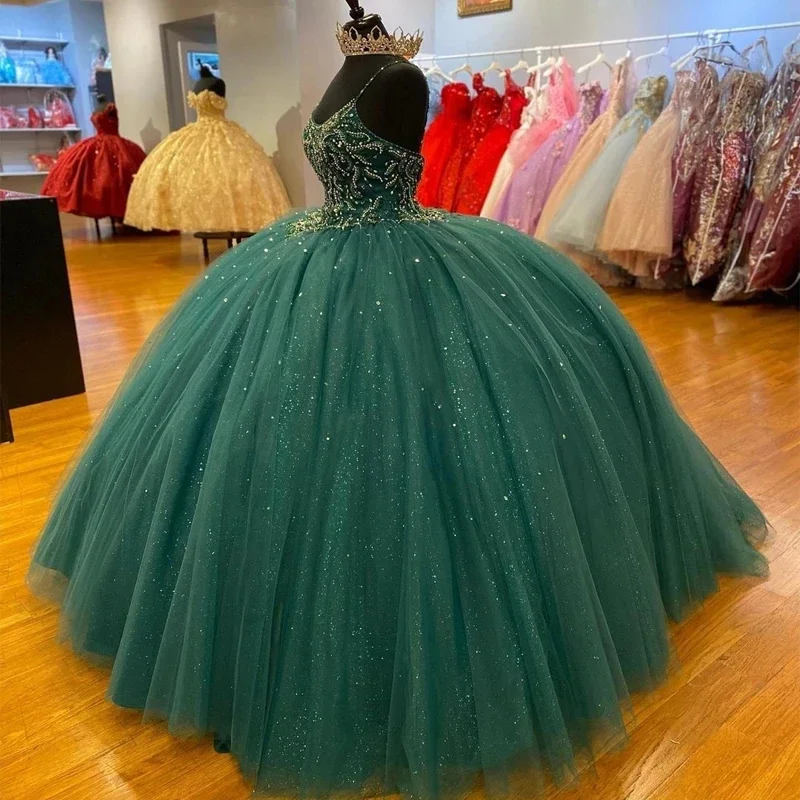 Vestido De baile verde oscuro con tirantes finos, quinceañera, lentejuelas brillantes, cristal, 15 Años, fiesta Formal