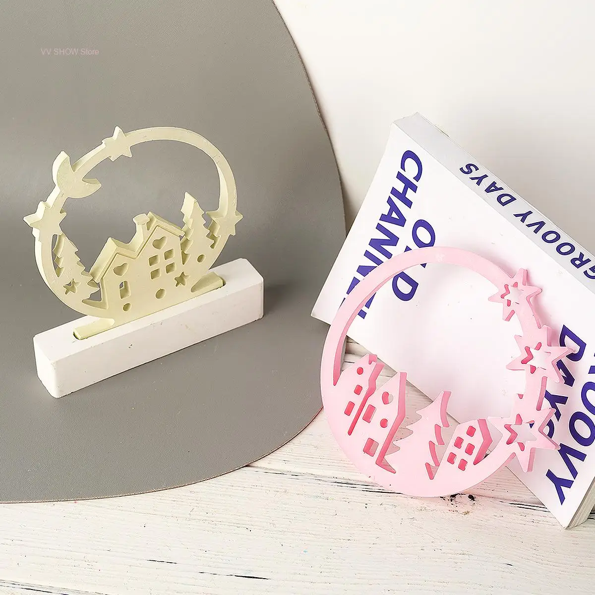 Maison circulaire avec étoile bougeoir moule 3D creux lune maison ciment chandelier ornement Silicone moule artisanat créatif moule