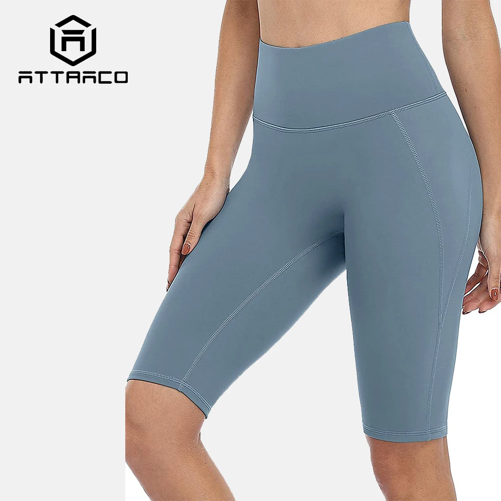 Attraco Women Yoga Shorts Jogging Legging Solid Fifth-Pants High-Waist with Hidden Pockets At The Fore and Back Sporty Shorts