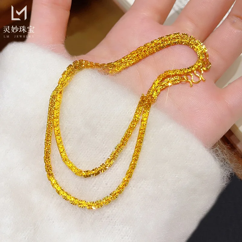 24K real gold flashing cross car flower gypsophila 9999 plain chain shiny broken gold pendant necklace exquisite gift