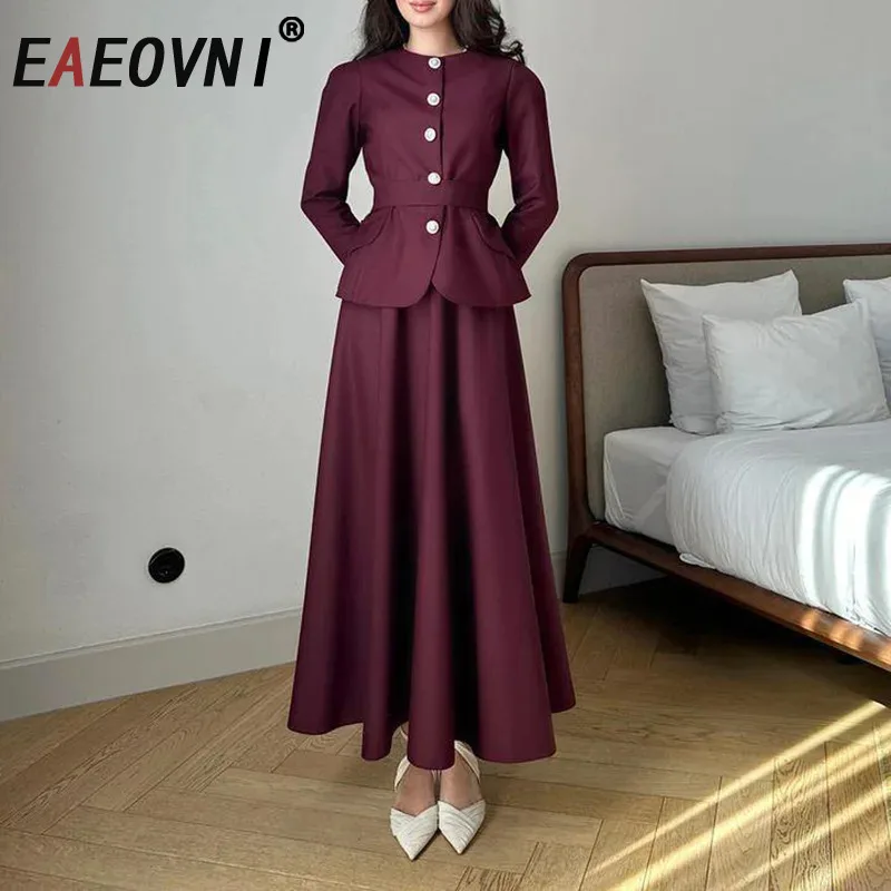 

EAEOVNI 2025 Fashion Women 2 Piece Set O Neck Button Belt Suit Jacket + High Waist A-line Skirt Elegant New Solid Color Clothing