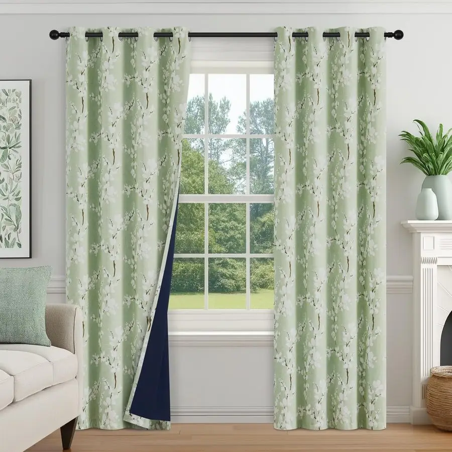 

100 затемняющих штор с цветочным принтом для спальни, шалфейно-зеленые шторы длиной 84 дюйма с цветочным рисунком для гостиной, термоизоляция