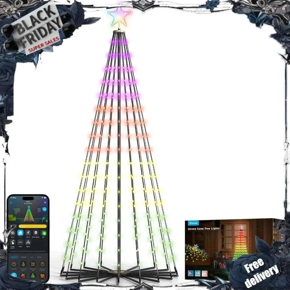 

Christmas Cone Tree Lights, 6ft 316 LEDs RGBIC Christmas Tree Lights with Smart App Control, IP65 Waterproof Outdoor Strin