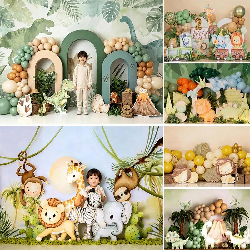 

LS Woodland Animals Themed Photography Backdrop Cute Bear Deer Fox Dinosaurs for Kids Birthday Baby Cake Smash Forest Background