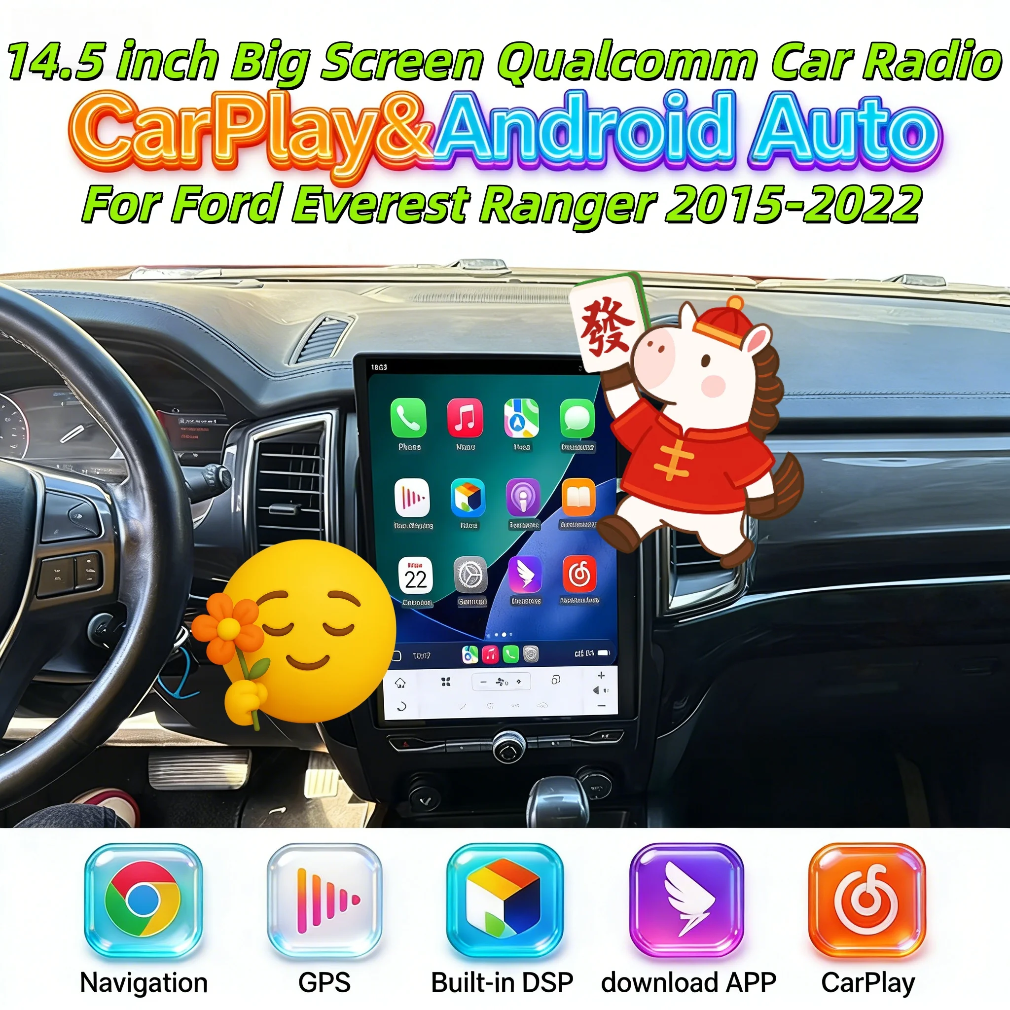 

14,5-дюймовый автомобильный стереоприемник Android 13.0 с Bluetooth 5.0 для Ford Ranger Everest 2015-2021, Qualcomm Radio, CarPlay, сенсорный экран, автомобильная магнитола