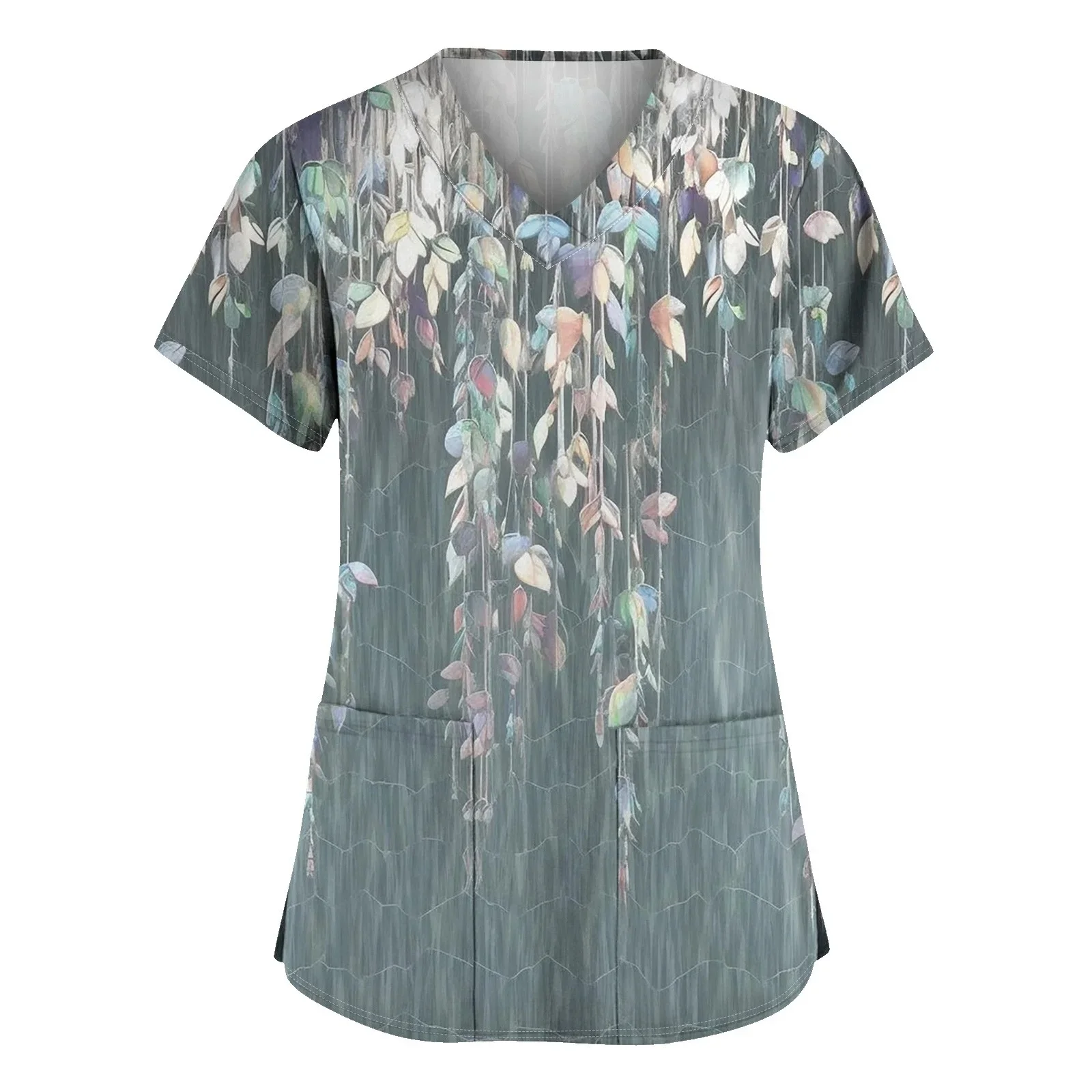 Women Nurse Uniform Medical Scrubs Flower 3d Print V-Neck Pocket Medical Uniforms Cartoon Nursing Scrubs Short Sleeve Pocket Loo