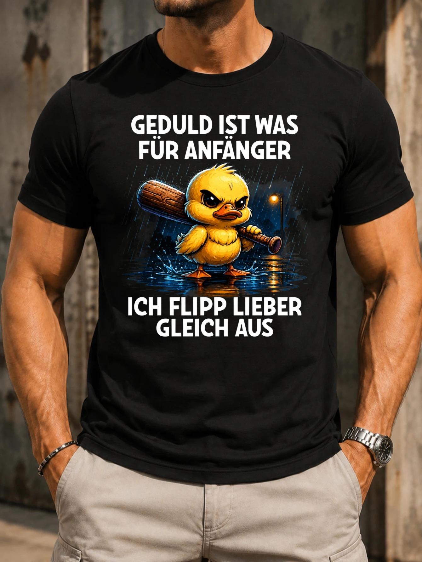 T-shirt unisexe avec motif canard, scène de nuit pluvieuse, oiseau en colère avec une batte et inscription « frustration » en lettres audacieuses, thème « patientie allemande »
