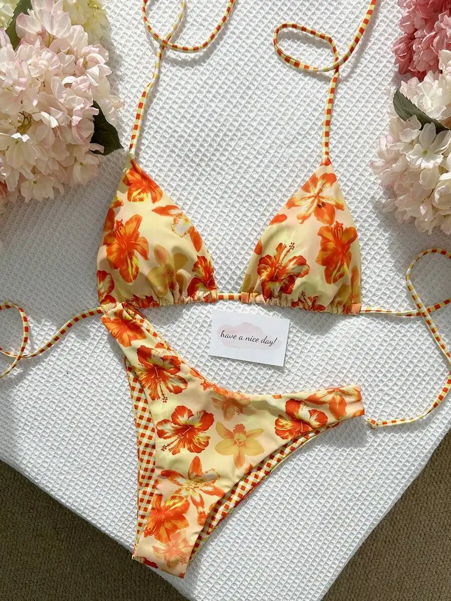 

Elegant Floral Print Tie-Front Bikini Two Piece Swimsuit For Beach Pool Resort
