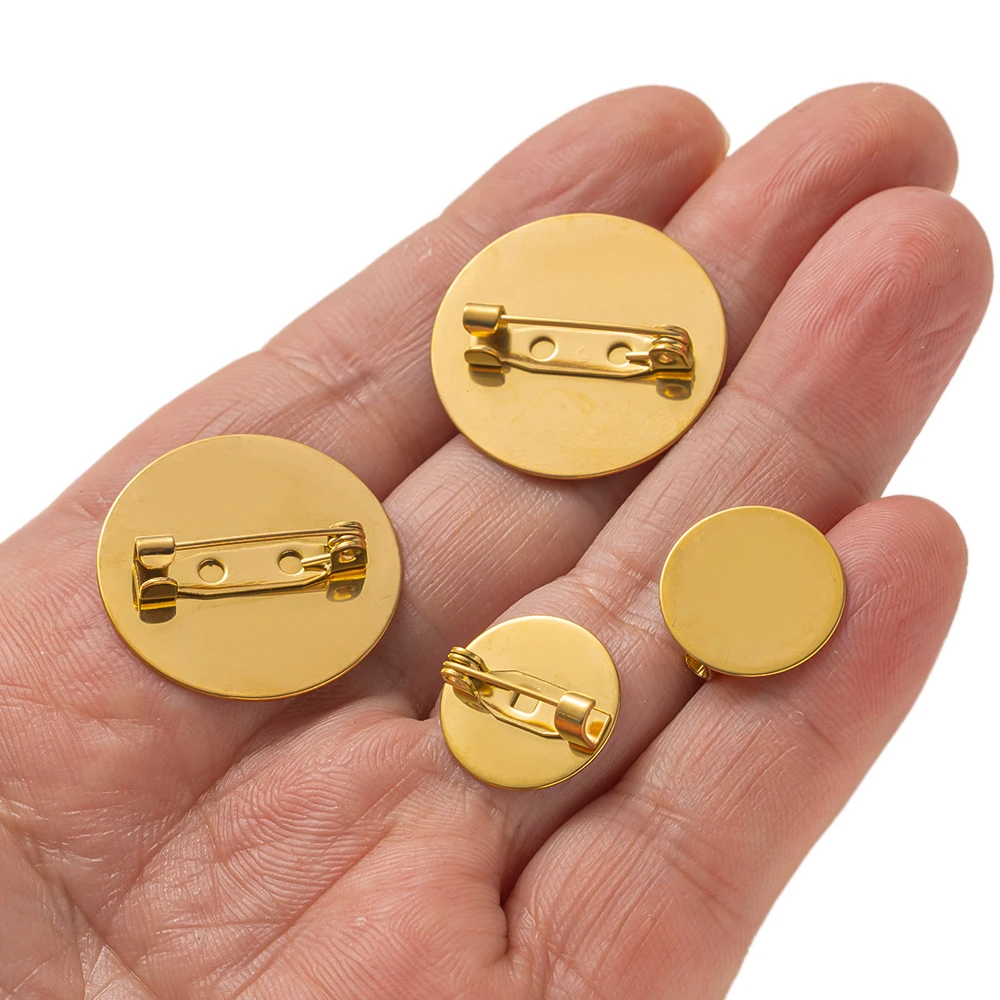 10pcs Stainless Steel 15-30mm Gold Brooches Cabochon Cameo Settings Bezel Disc Base Blank Tray for DIY Jewelry Findings Making