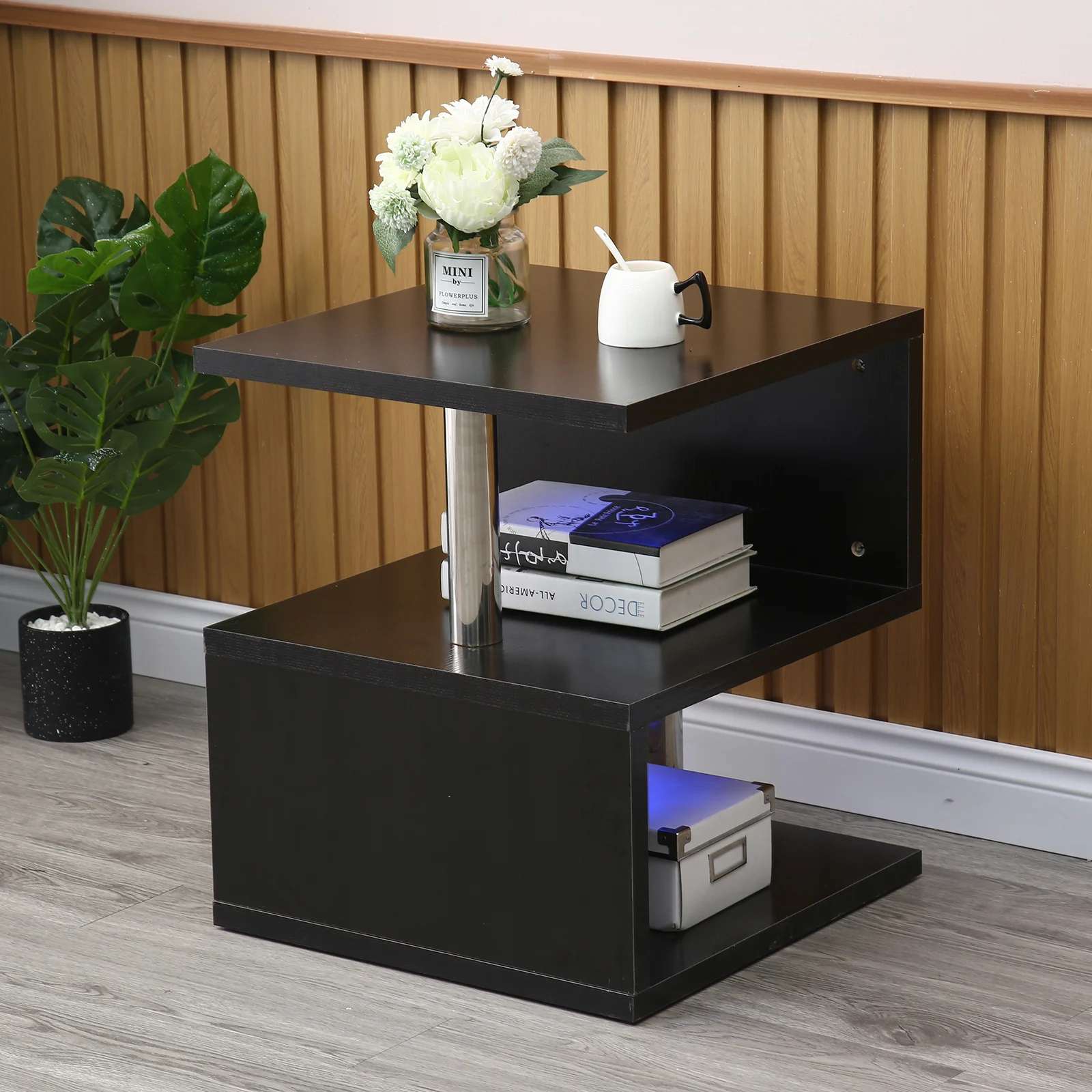 Black/White Modern Style End Table Side Table Coffee Tea Table with High Gloss & LED Lights