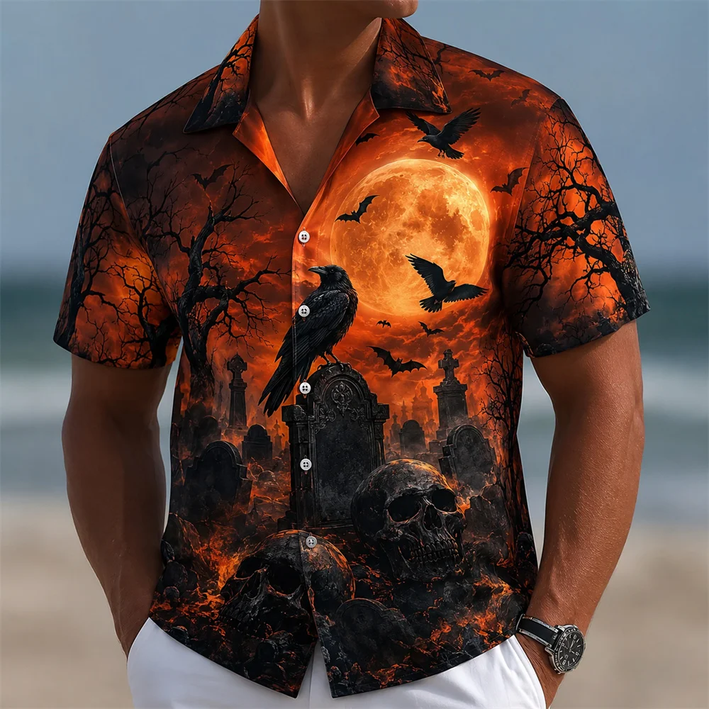 Happy Halloween Jack O Lantern Moon Shirt For Men 3D Print Bat Short Sleeve Shirt Horror Halloween Party Costume Top 2026 New
