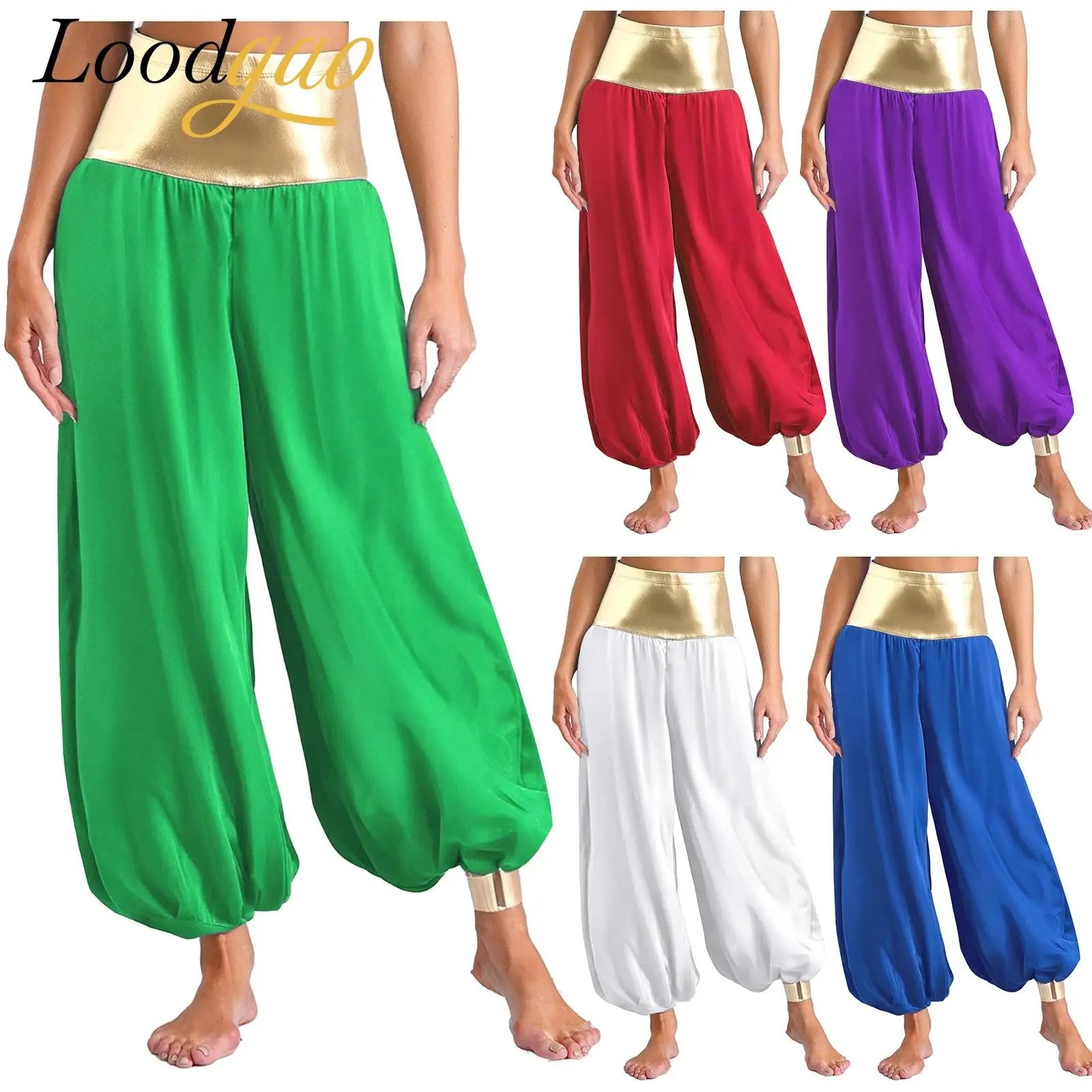 

Женский костюм арабской принцессы для косплея, блестящие шаровары, металлические волшебные фонарики, длинные брюки для Хэллоуина, костюмы хиппи