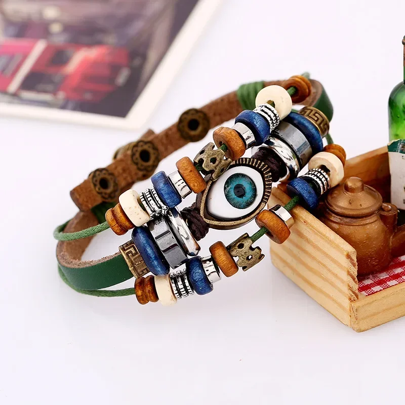 Punk Harajuku Rock and roll Individuality Fashionable String of beads Eye Bracelet Size adjustable Couple Leather Wristband