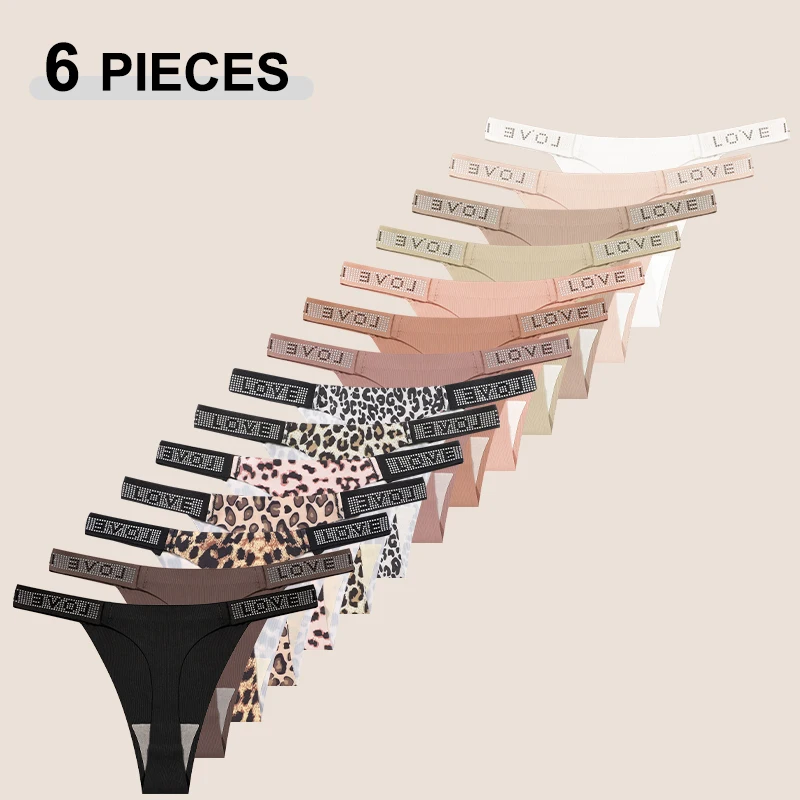 6-teiliges Set Damen Nahtlose Eisseide Slips Sommer Strass-Verzierte G-Strings Unterhosen Damen Niedrige Taille Bikini Sexy Tangas