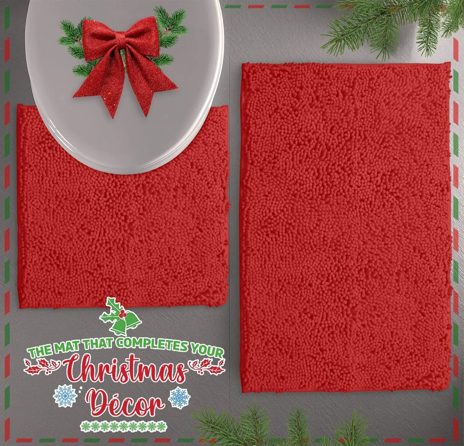 

Red Christmas Bathroom Rugs Sets 2 Piece: Quick Dry, Soft Plush Anti-Slip, Super Absorbent. Includes Rectangular (31x20