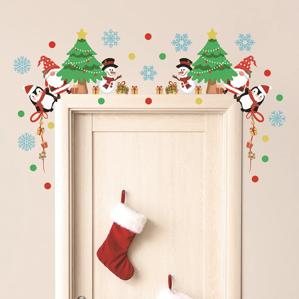 Cartoon Christmas Door Stickers Cling Santa Claus Snowman Elk Pattern Wall Decals Living Room Home Decoration Wallpaper Decor