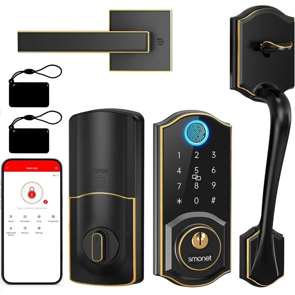 

Smart Door Lock with Handle Set: Front Door Lock Set Keyless Entry, Fingerprint Keypad Bluetooth Alexa Deadbolt Lockset Suitabl