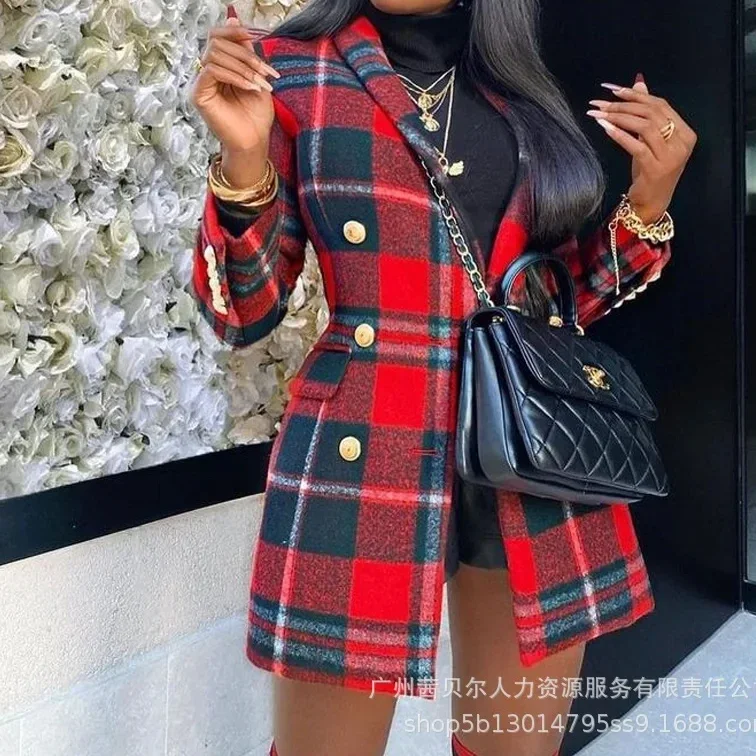 Plaid Print Jackets Turn Down Collar Women Women Coats Spring Slim Button Long Coats Casual Blazers Work 2024 Autumn Winter