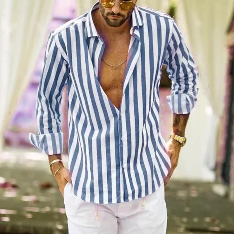2025 American New Fashion Men's Striped Long Sleeve Turn-down Collar Casual Trendy Loose Single-breasted Shirts Male Clothes