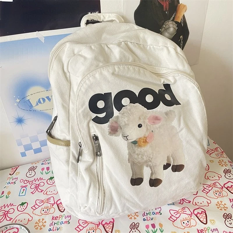 Cartoon Cute Sheep Print Schoolbags Japanese Anime Preppy Kawaii Girls Backpack Y2k Aesthetic Harajuku High-capacity Canvas Bags