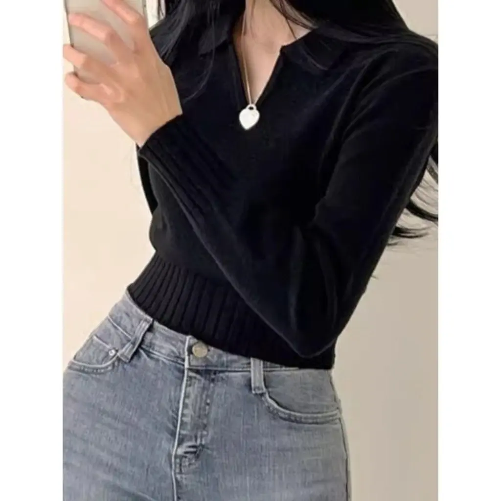 

Women's Slim-fit Long-Sleeved Polo Collar Sweater Early Autumn Wear Inner Top for Bottoming Versatile Outerwear