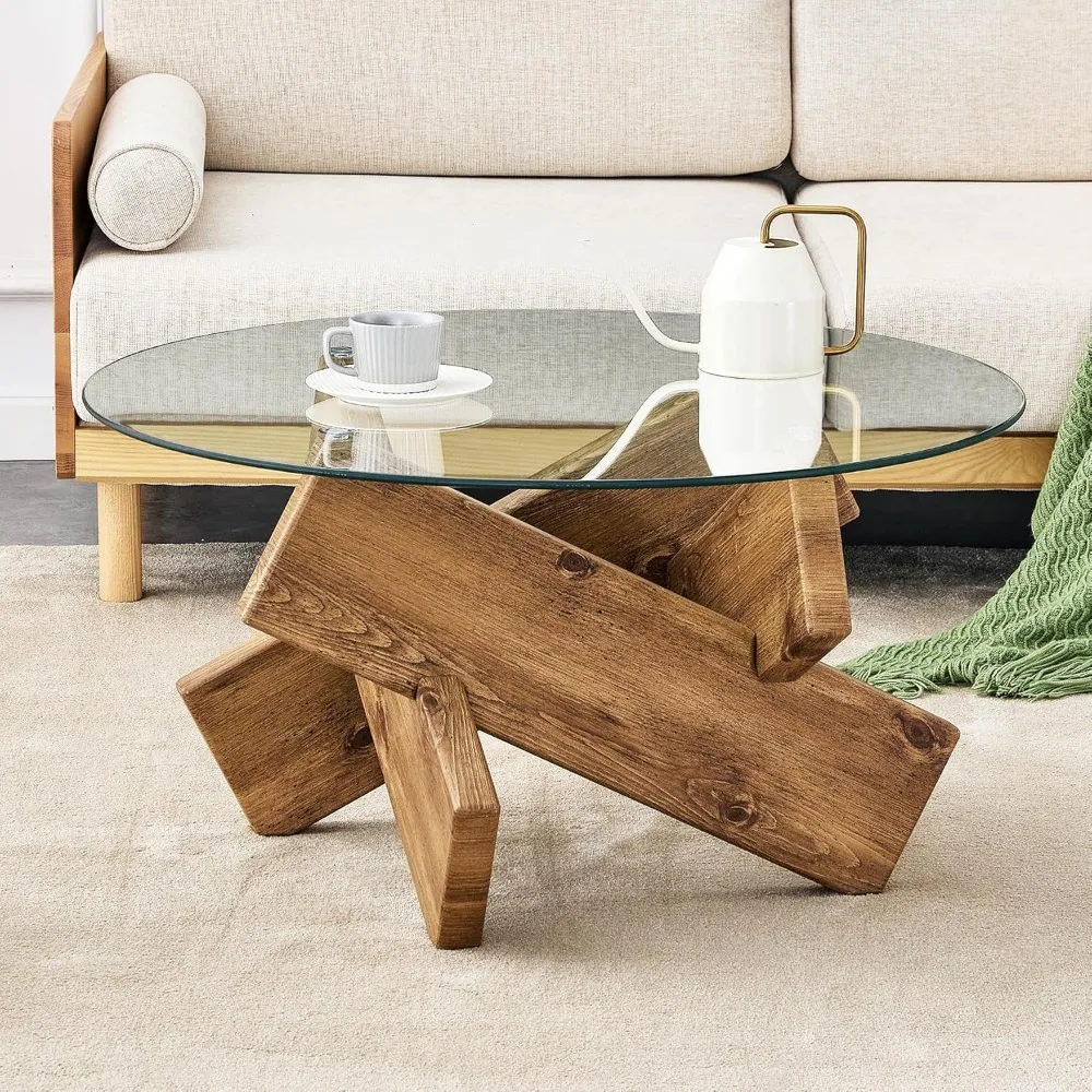 Tavolino da caffè rotondo moderno della metà del secolo con piano in vetro e base con finitura in legno, tavolino da caffè circolare da 33,4 pollici, unico