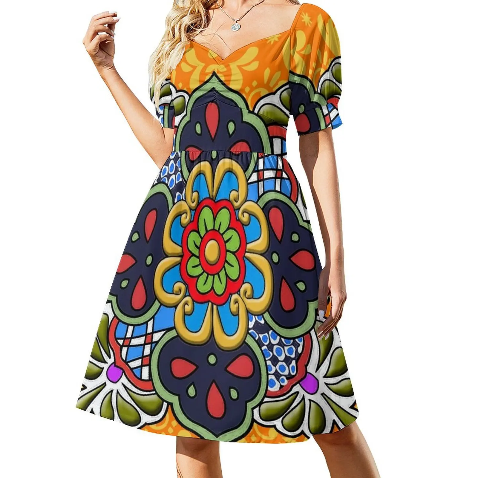 Mexican Talavera Flower Short Sleeved Dress Beachwear woman dress dress summer 2025 women