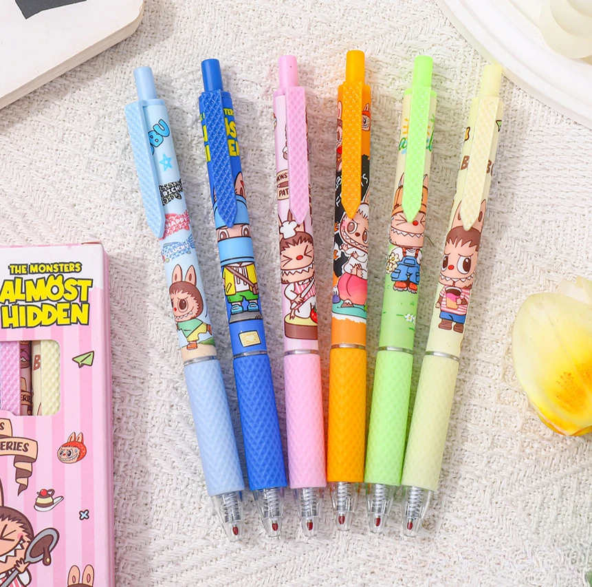 6 Pcs Labubu Neutral Pen High Aesthetic INS Style Cartoon Cute Carbon Black Pen Student Speed Drying Brush Test Pen Stationery