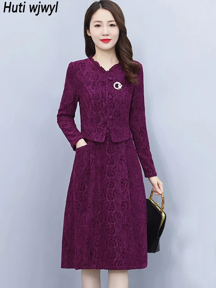 Autumn Winter Plus Velvet Warm Thick Dresses 2024 Korean Elegant Bodycon Vintage Party Vestidos Lace Luxury Midi Dress for Women