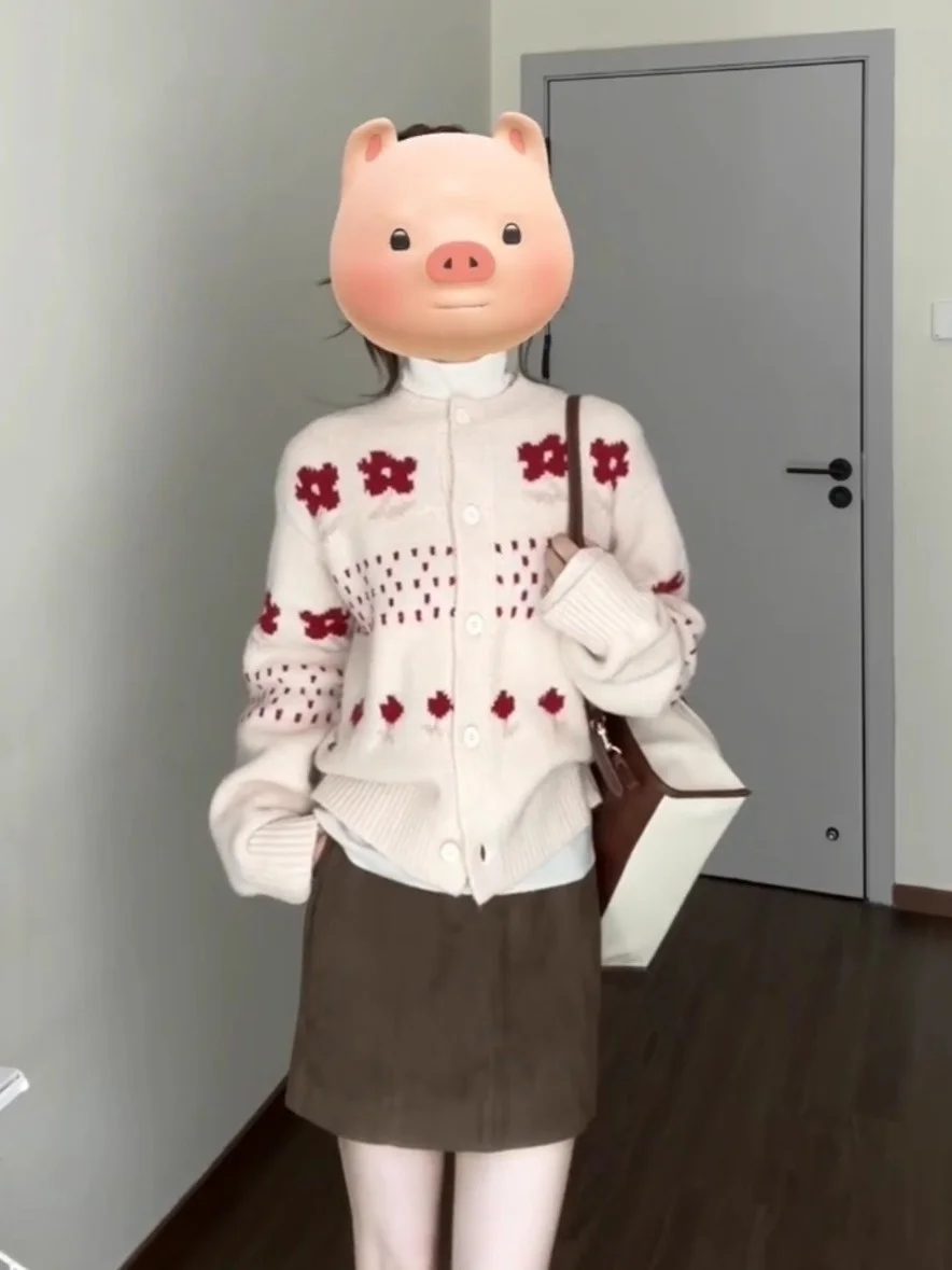 

Корейский трикотаж ранней осени с цветочным принтом «Асфера», мягкая уютная верхняя одежда с ленивым настроением, свитер Jaet Long Sve round Ne